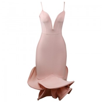 Pink White Black Slip Ruffles Rayon Bandage Dress Elegant Evening Party Dress